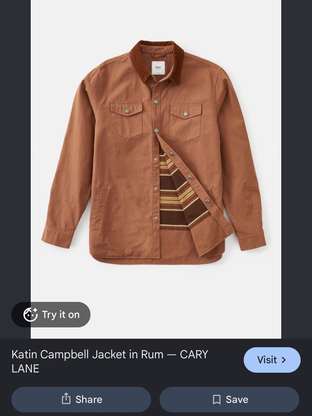Katin Rum Brown Corduroy-Collar Overshirt Jacket Large